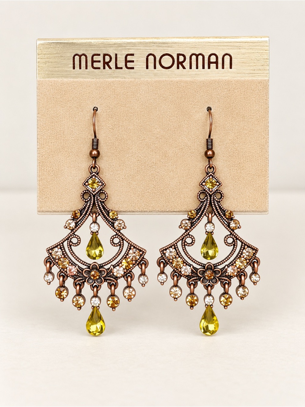 Merle Norman Chandelier Dangle Earrings Antique Copper Green & Champagne